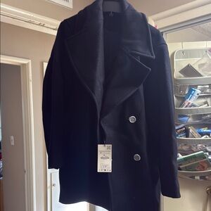 Zara Double breasted wool blend coat navy blue size M